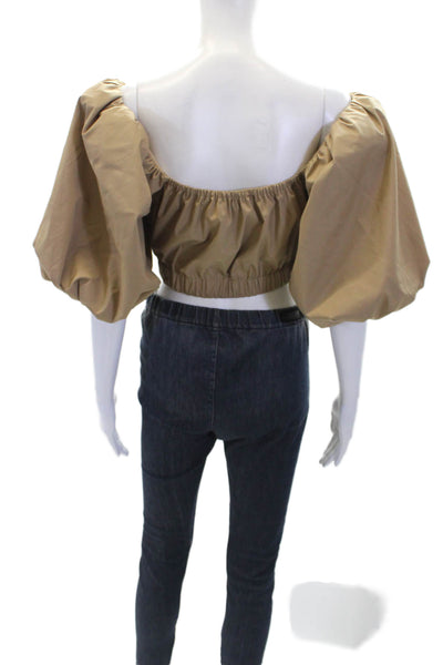 Jason Wu Womens Cotton Blend Ruched Puff Sleeve Cropped Top Brown Size 6