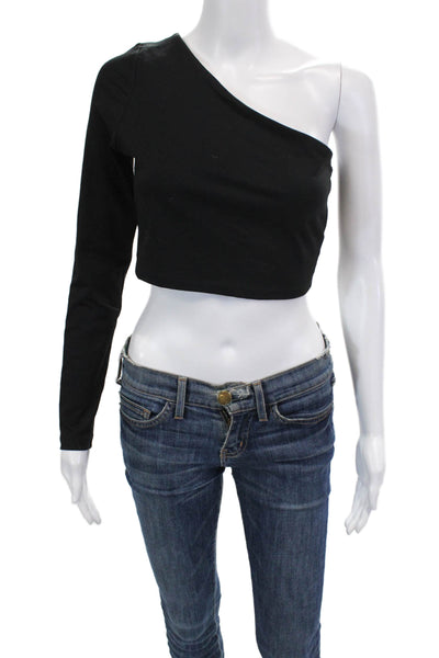 Susana Monaco Womens Long Sleeve One Shoulder Cropped Shirt Black Size Large