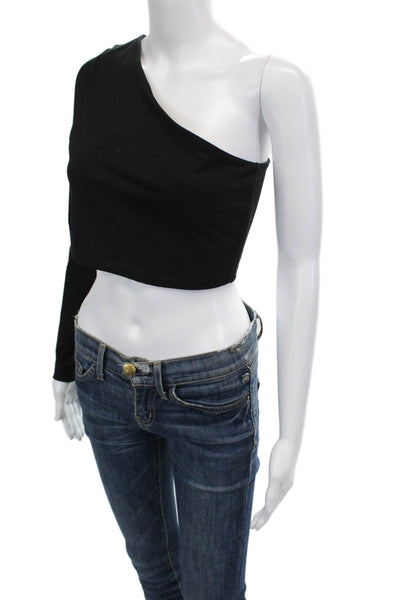 Susana Monaco Womens Long Sleeve One Shoulder Cropped Shirt Black Size Large