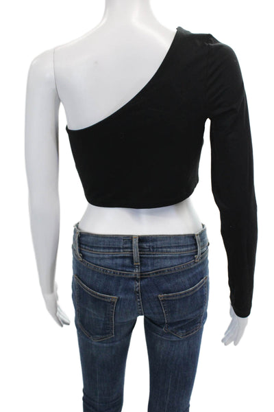 Susana Monaco Womens Long Sleeve One Shoulder Cropped Shirt Black Size Large