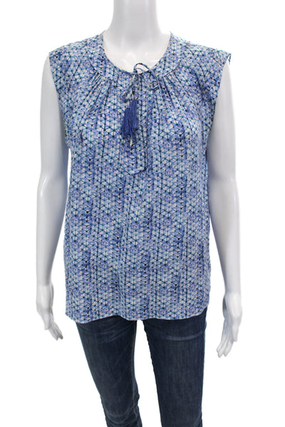 Rebecca Taylor Womens Silk Geometric Print Sleeveless Blouse Top Blue Size 10
