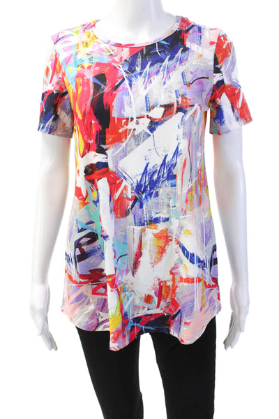 Pure Essence Womens Abstract Print Short Sleeve Blouse Top Multicolor Size L