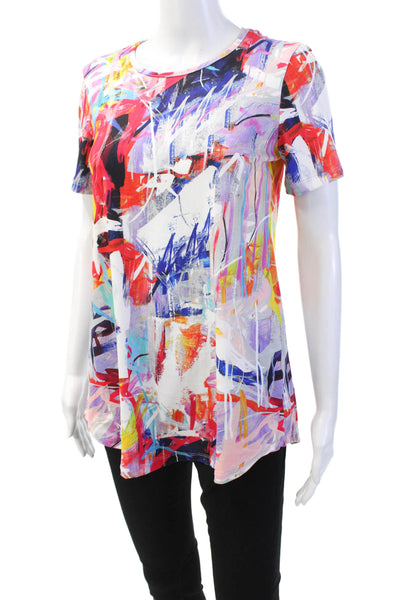 Pure Essence Womens Abstract Print Short Sleeve Blouse Top Multicolor Size L