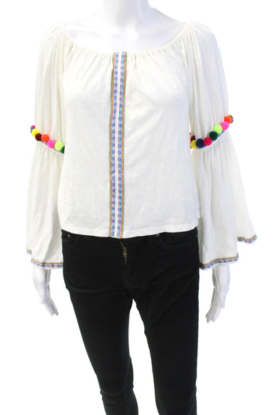 Pop Saint Barth Womens Textured Short Sleeve Distressed Top White Size M