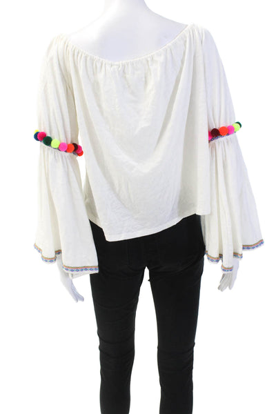 Pop Saint Barth Womens Textured Short Sleeve Distressed Top White Size M
