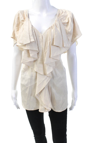 BCBGMAXAZRIA Womens Textured V-neck Short Sleeve Ruffle Top Gold Tone Size M