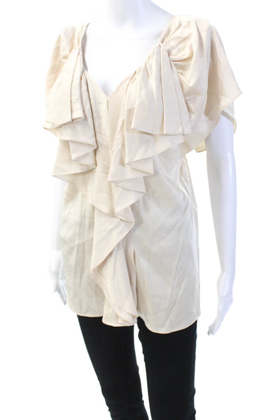 BCBGMAXAZRIA Womens Textured V-neck Short Sleeve Ruffle Top Gold Tone Size M