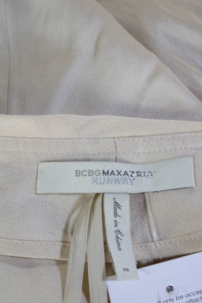BCBGMAXAZRIA Womens Textured V-neck Short Sleeve Ruffle Top Gold Tone Size M