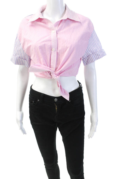 Zara Womens Cotton Short Sleeve Button Up Collar Stripe Blouse Pink Size XS