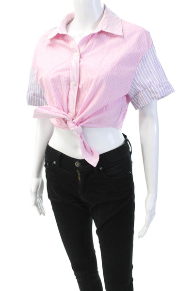 Zara Womens Cotton Short Sleeve Button Up Collar Stripe Blouse Pink Size XS