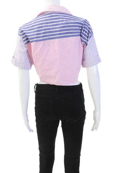 Zara Womens Cotton Short Sleeve Button Up Collar Stripe Blouse Pink Size XS
