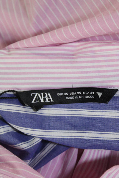 Zara Womens Cotton Short Sleeve Button Up Collar Stripe Blouse Pink Size XS