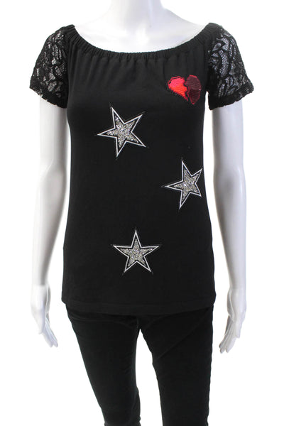 Flavio Castellani Womens Scoop Neck Short Sleeve Graphic Print Top Black Size M