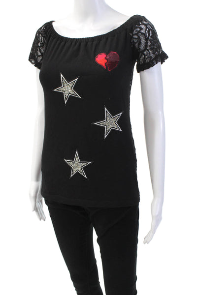Flavio Castellani Womens Scoop Neck Short Sleeve Graphic Print Top Black Size M