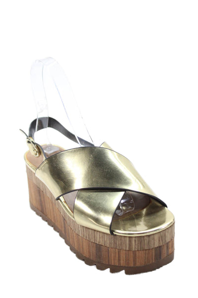Zara Trafaluc Womens Open Front Slingback Platform Sandals Gold Tone Size EUR 36