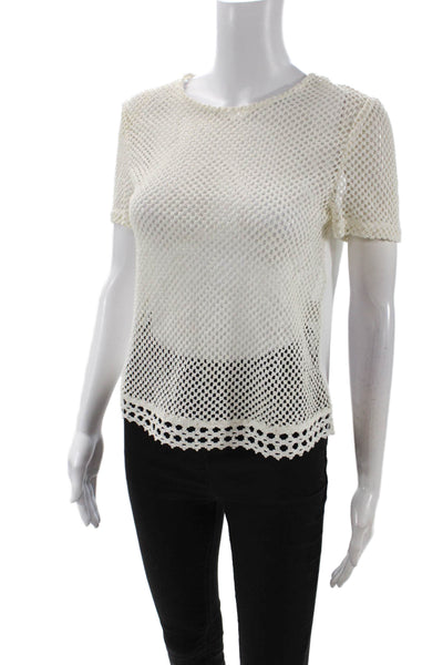 Claudie Pierlot Womens Cotton Embroidered Short Sleeve Blouse Beige Size 36