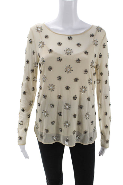 Zara Woman Womens Mesh Sequin Embellished Long Sleeve Top Beige Size S