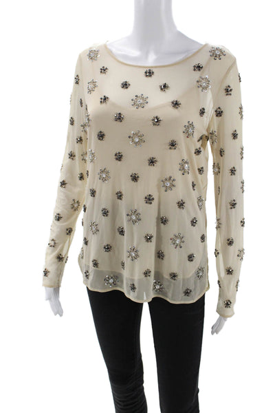 Zara Woman Womens Mesh Sequin Embellished Long Sleeve Top Beige Size S