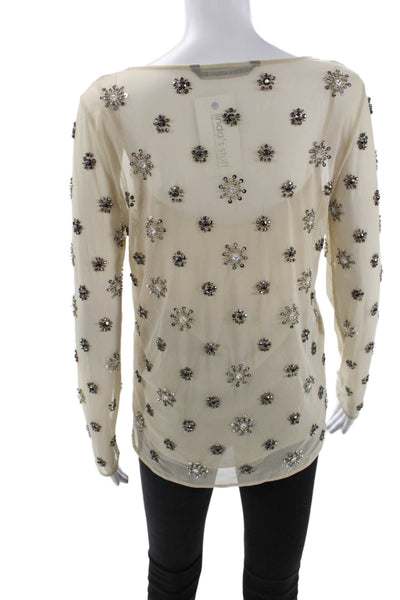 Zara Woman Womens Mesh Sequin Embellished Long Sleeve Top Beige Size S