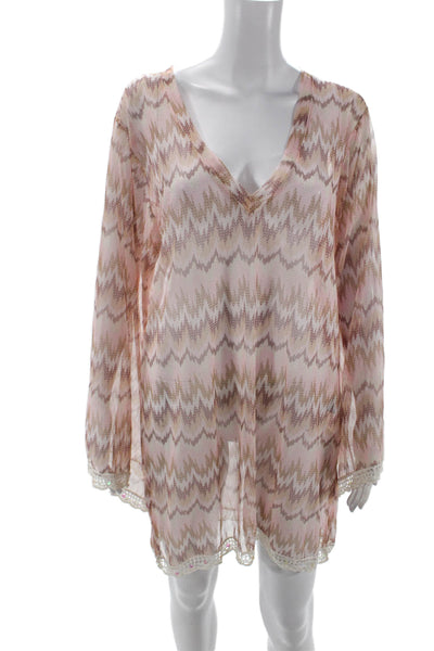 Letarte Handmade Womens Chevron Striped Cover Up Dress Pink Brown Size Large