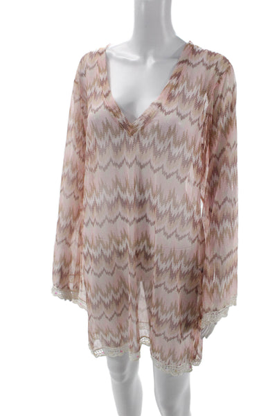Letarte Handmade Womens Chevron Striped Cover Up Dress Pink Brown Size Large
