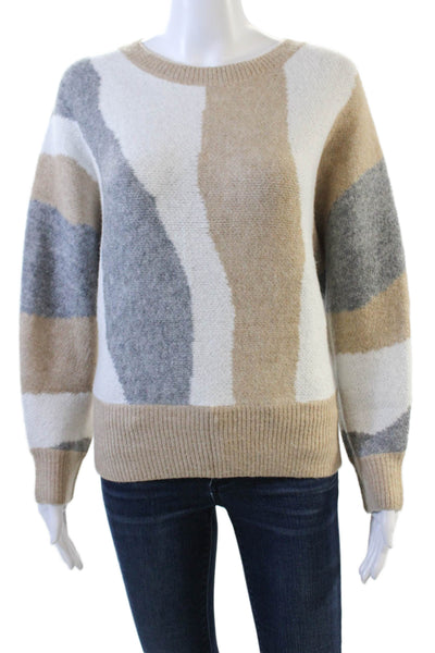 Lush Womens Knit Abstract Print Long Sleeve Pullover Sweater Top Beige Size M