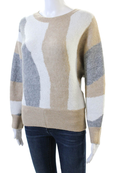 Lush Womens Knit Abstract Print Long Sleeve Pullover Sweater Top Beige Size M