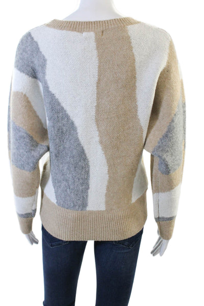 Lush Womens Knit Abstract Print Long Sleeve Pullover Sweater Top Beige Size M