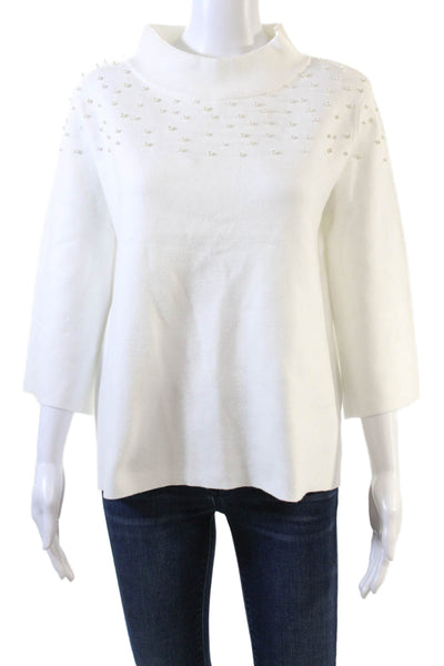 Fate. Womens Knit Beaded High Neck Long Sleeve Pullover Sweater Top White Size S