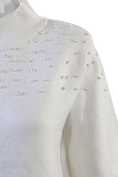 Fate. Womens Knit Beaded High Neck Long Sleeve Pullover Sweater Top White Size S