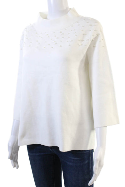 Fate. Womens Knit Beaded High Neck Long Sleeve Pullover Sweater Top White Size S