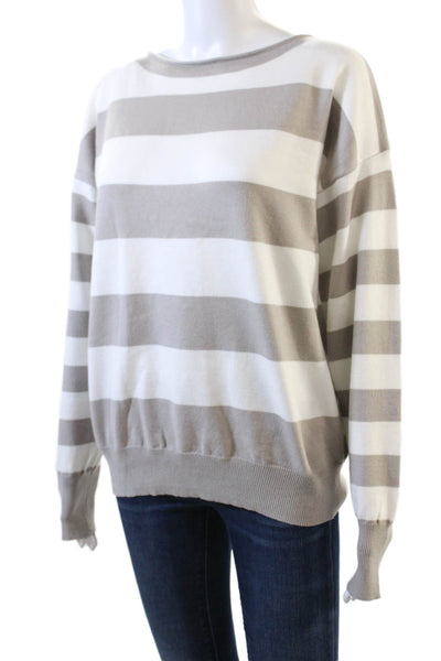 Pink Martini Womens Knit Striped Round Neck Pullover Sweater Top Gray Size S