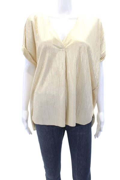 Rabens Saloner Womens Metallic Pleated Short Sleeve Blouse Top Gold Size M