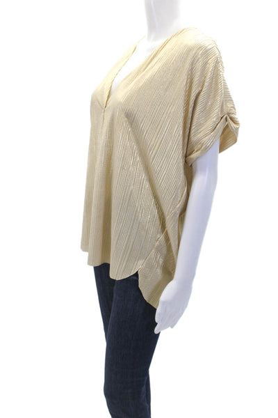 Rabens Saloner Womens Metallic Pleated Short Sleeve Blouse Top Gold Size M