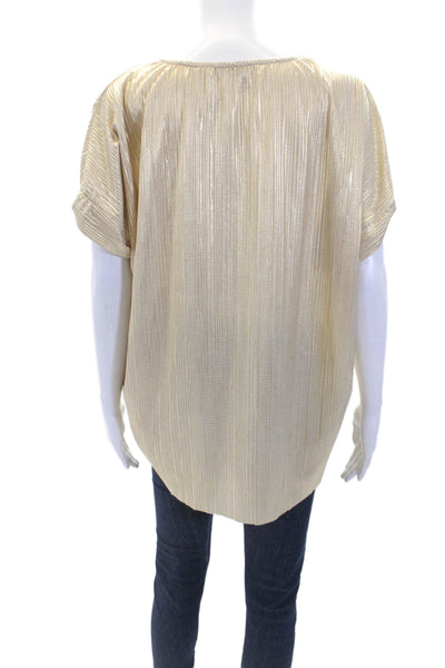 Rabens Saloner Womens Metallic Pleated Short Sleeve Blouse Top Gold Size M
