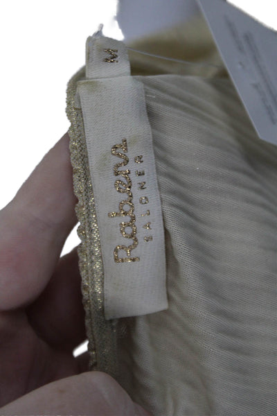 Rabens Saloner Womens Metallic Pleated Short Sleeve Blouse Top Gold Size M