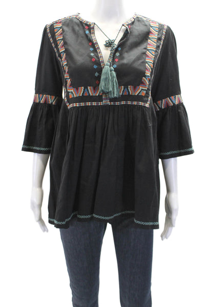 Talitha Womens Long Sleeve V Neck Embroidered Tunic Blouse Black Size M