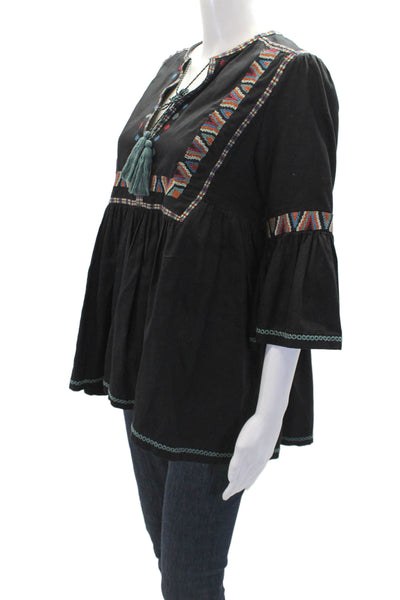 Talitha Womens Long Sleeve V Neck Embroidered Tunic Blouse Black Size M
