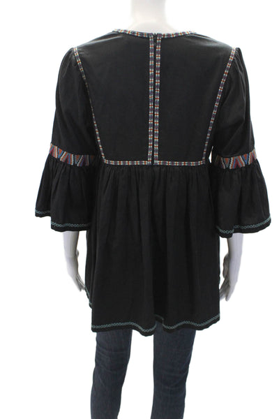 Talitha Womens Long Sleeve V Neck Embroidered Tunic Blouse Black Size M