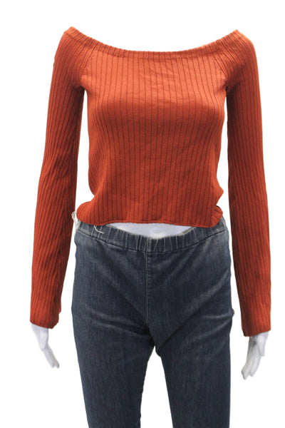 Intermix Womens Textured Long Sleeve Square Neck Knit Top Orange Size S