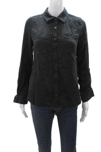 Calvin Klein Womens Cotton Long Sleeve V-neck Neck Button Top Black Size XS
