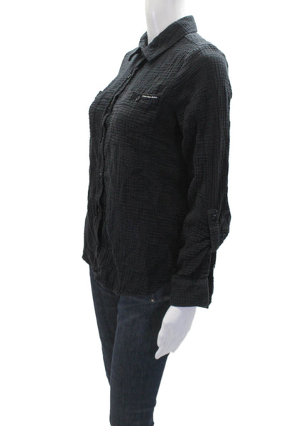 Calvin Klein Womens Cotton Long Sleeve V-neck Neck Button Top Black Size XS