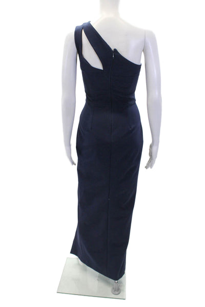 Altered Womens Textured Halter Top V-neck Sleeveless Pleated Slit Gown Blue Size