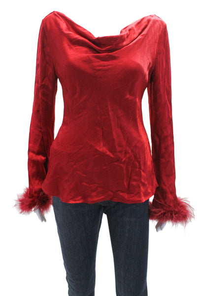 Wayf Womens Feather Long Sleeves Cowl Neck Blouse Fire Red Size Small