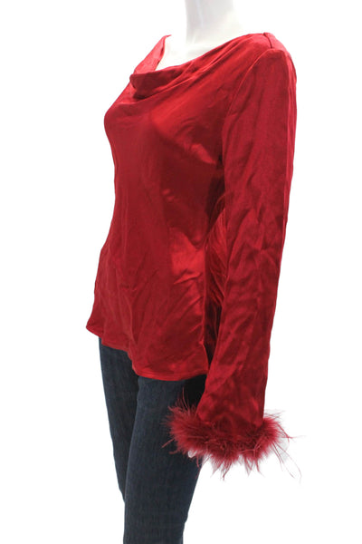 Wayf Womens Feather Long Sleeves Cowl Neck Blouse Fire Red Size Small