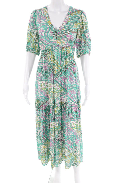 Ba&Sh Womens Short Sleeve V Neck Floral Midi Dress Teal White Purple Size 2
