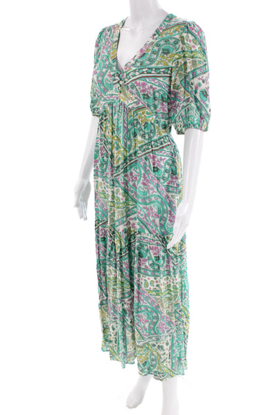 Ba&Sh Womens Short Sleeve V Neck Floral Midi Dress Teal White Purple Size 2