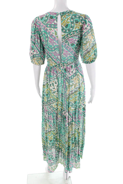 Ba&Sh Womens Short Sleeve V Neck Floral Midi Dress Teal White Purple Size 2