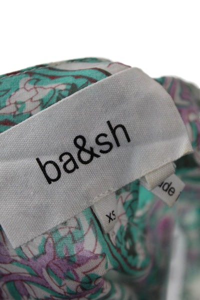 Ba&Sh Womens Short Sleeve V Neck Floral Midi Dress Teal White Purple Size 2