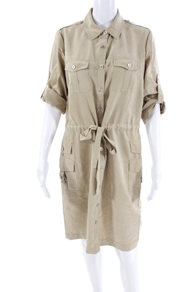 Calvin Klein Womens Belted Button Down Short Sleeves Dress Beige Size 8